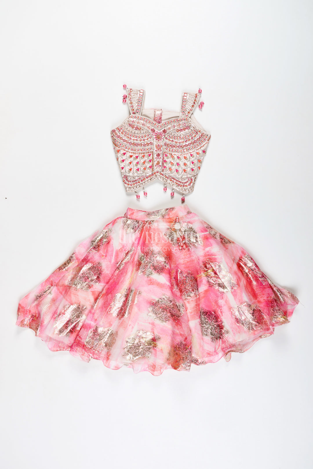 Girls Pink Designer Lehenga Choli With Pearl Embellished Blouse