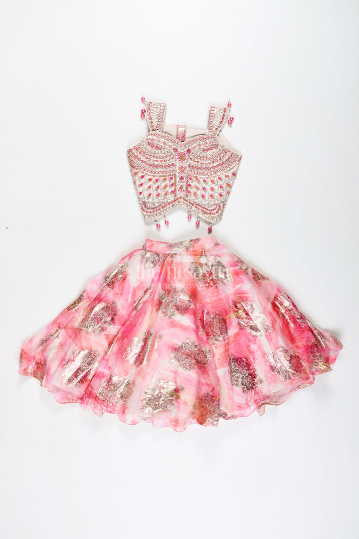 Girls Pink Designer Lehenga Choli With Pearl Embellished Blouse