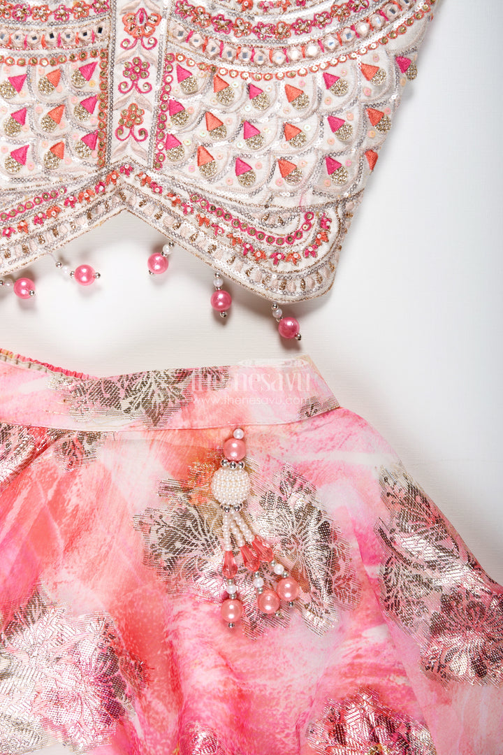 Girls Pink Designer Lehenga Choli With Pearl Embellished Blouse