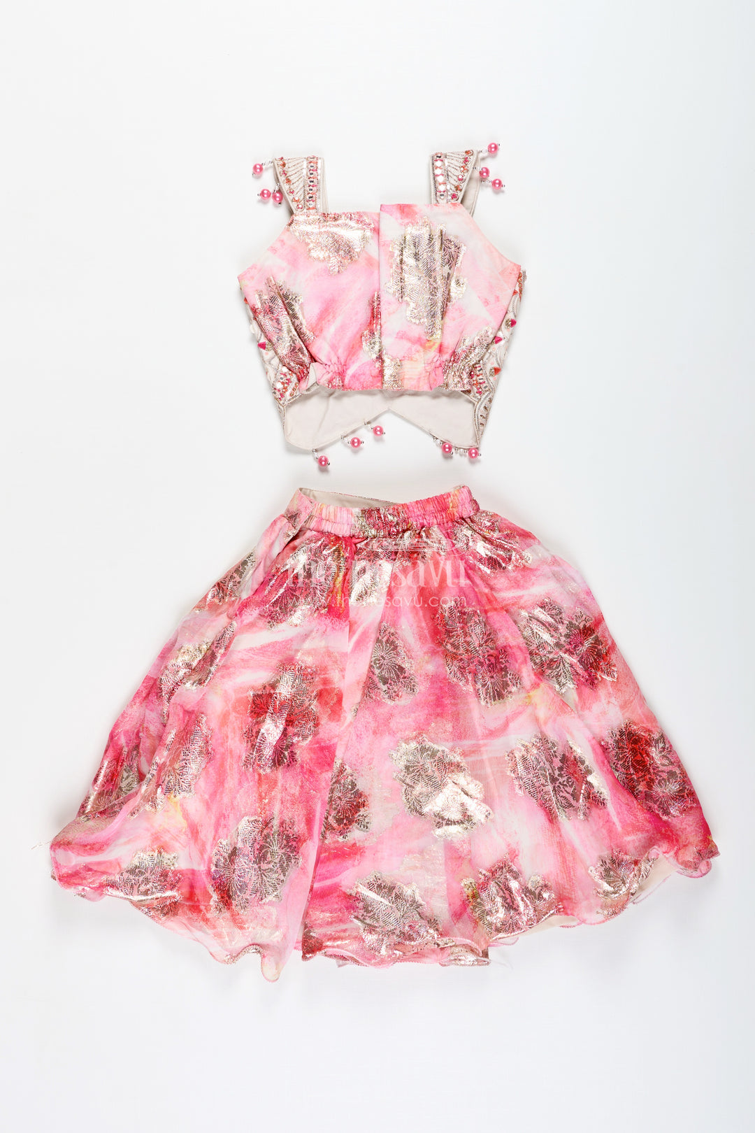 Girls Pink Designer Lehenga Choli With Pearl Embellished Blouse