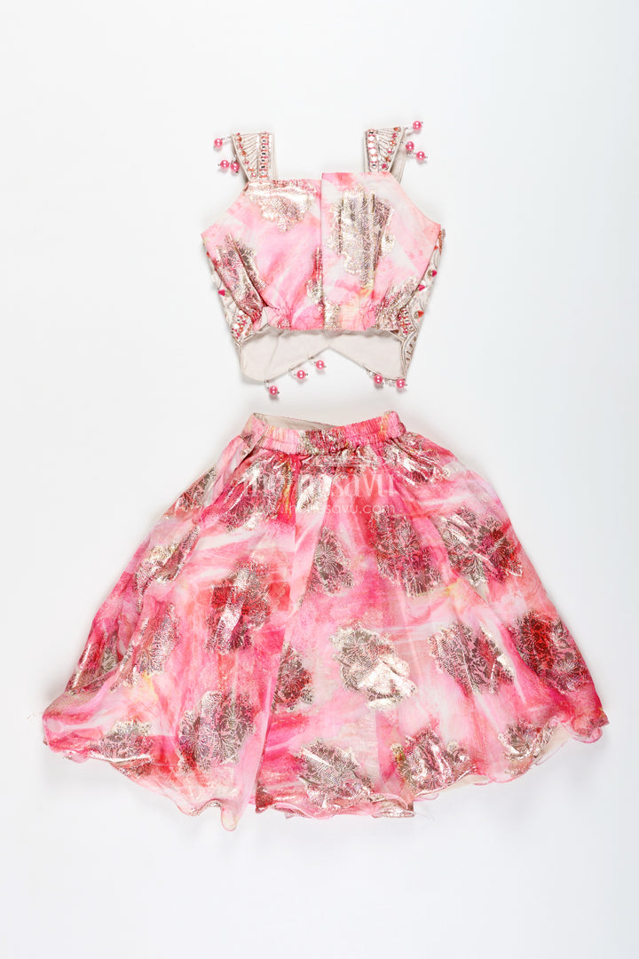 Girls Pink Designer Lehenga Choli With Pearl Embellished Blouse