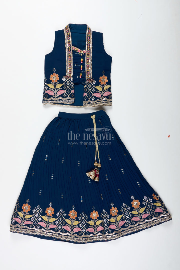 Navy Blue Lehenga Choli For Toddler Girl With Floral Embroidery