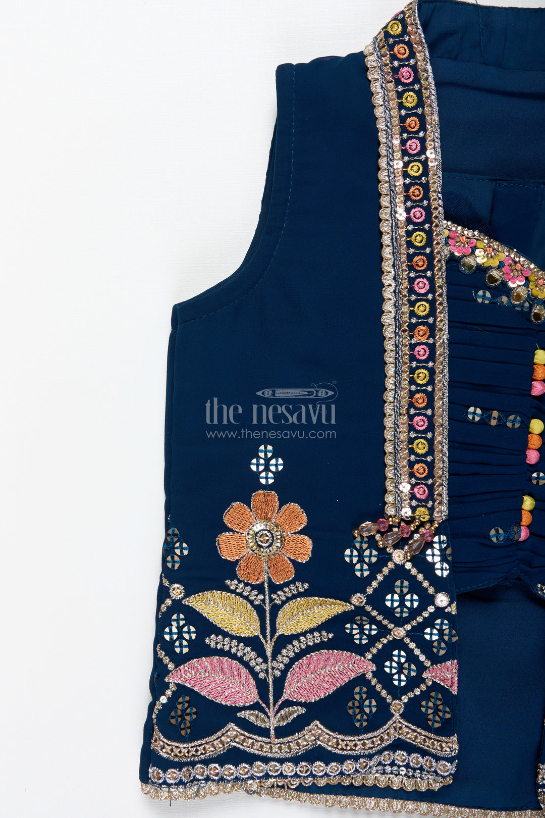 Navy Blue Lehenga Choli For Toddler Girl With Floral Embroidery