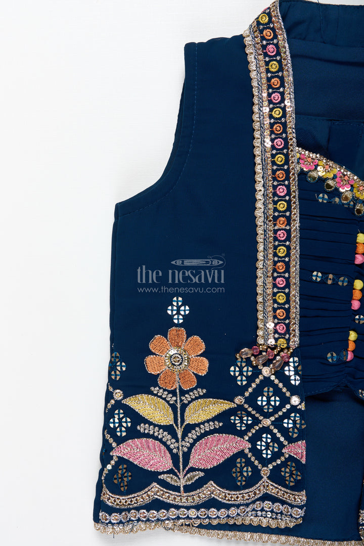Navy Blue Lehenga Choli For Toddler Girl With Floral Embroidery