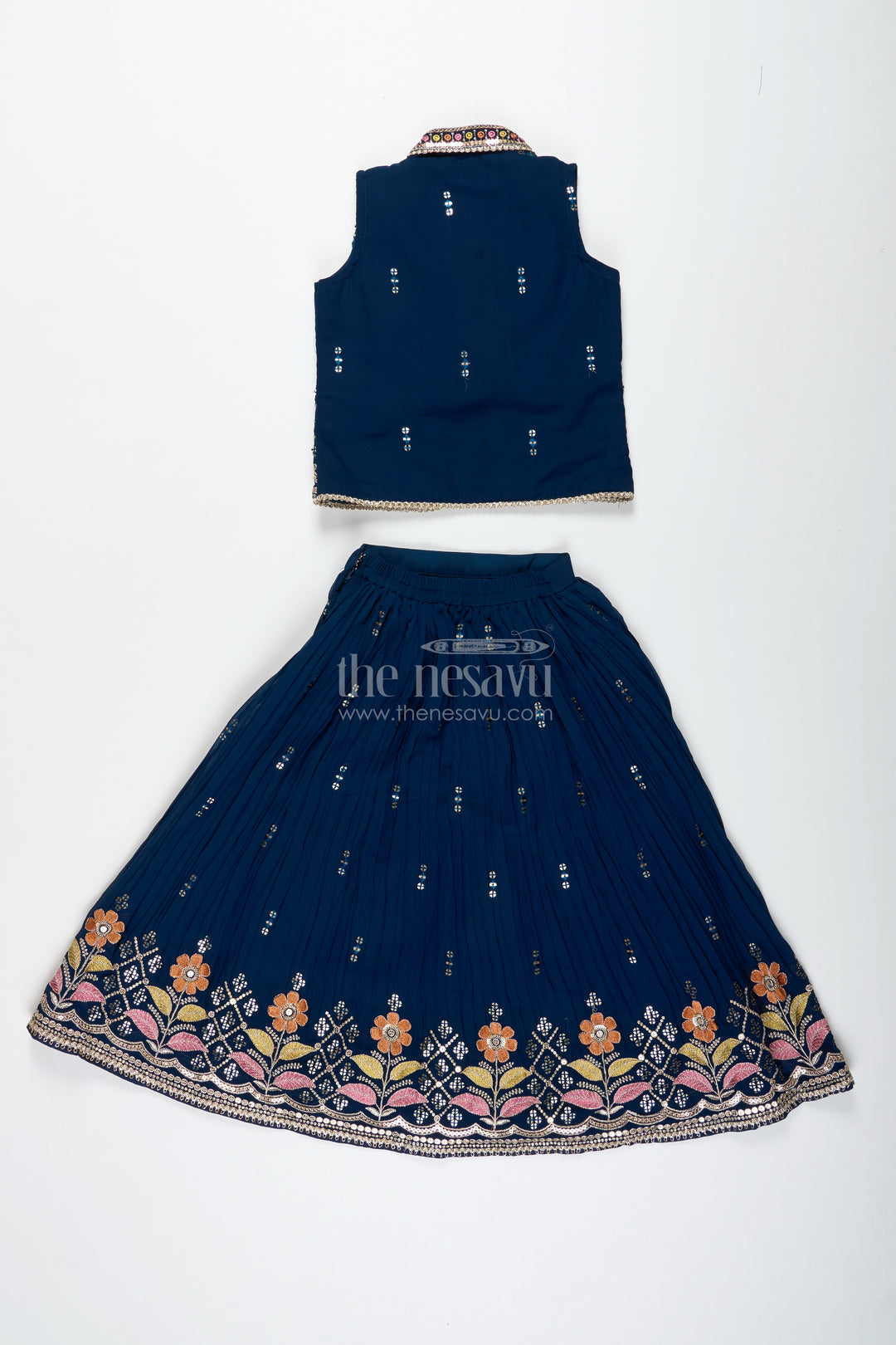 Navy Blue Lehenga Choli For Toddler Girl With Floral Embroidery