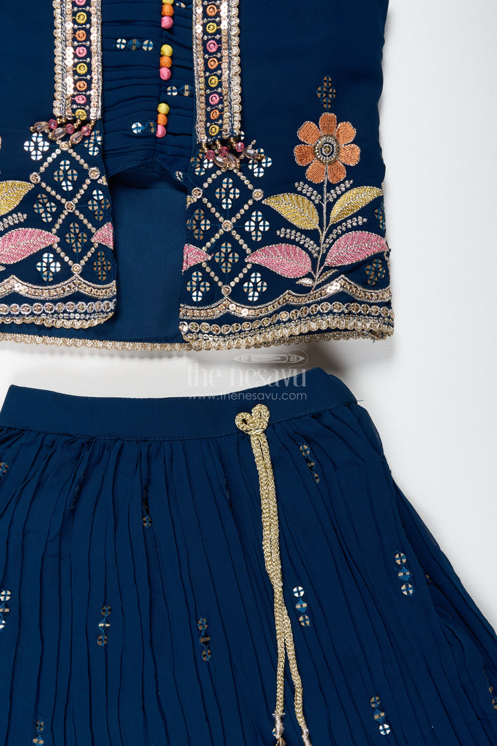 Navy Blue Lehenga Choli For Toddler Girl With Floral Embroidery