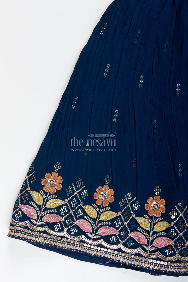 Navy Blue Lehenga Choli For Toddler Girl With Floral Embroidery