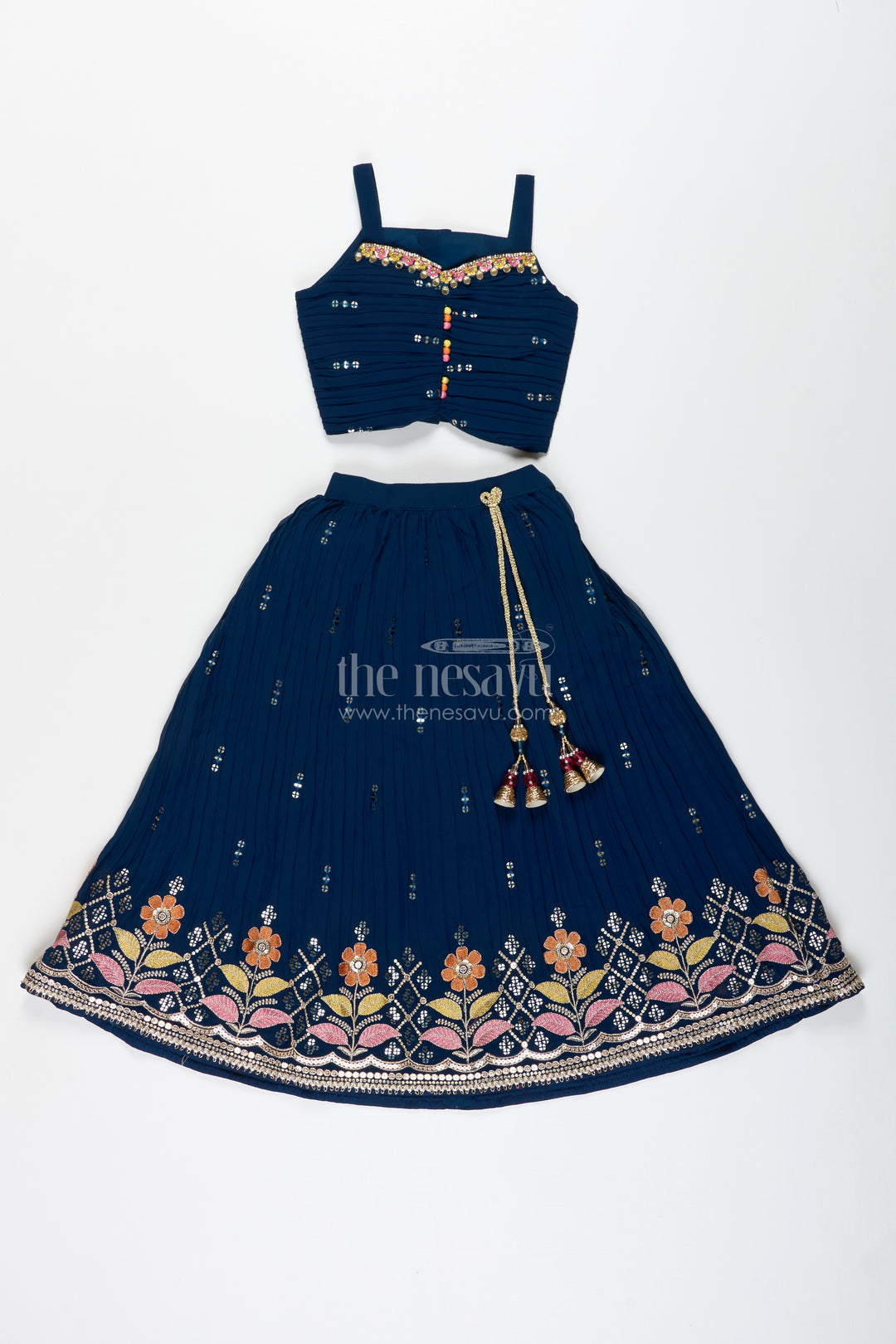 Navy Blue Lehenga Choli For Toddler Girl With Floral Embroidery