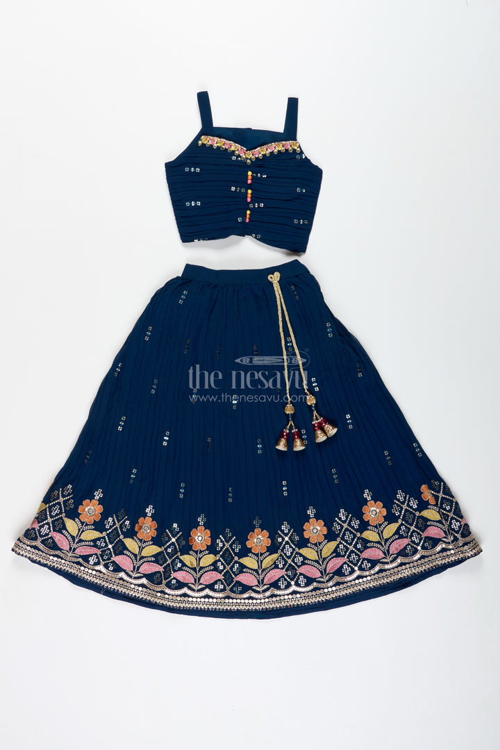 Navy Blue Lehenga Choli For Toddler Girl With Floral Embroidery