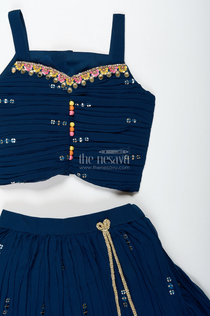 Navy Blue Lehenga Choli For Toddler Girl With Floral Embroidery