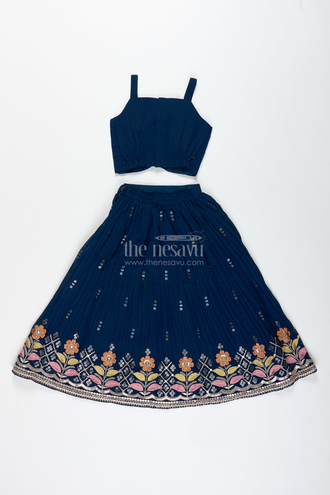 Navy Blue Lehenga Choli For Toddler Girl With Floral Embroidery