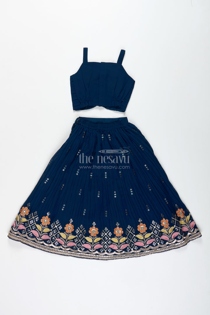 Navy Blue Lehenga Choli For Toddler Girl With Floral Embroidery