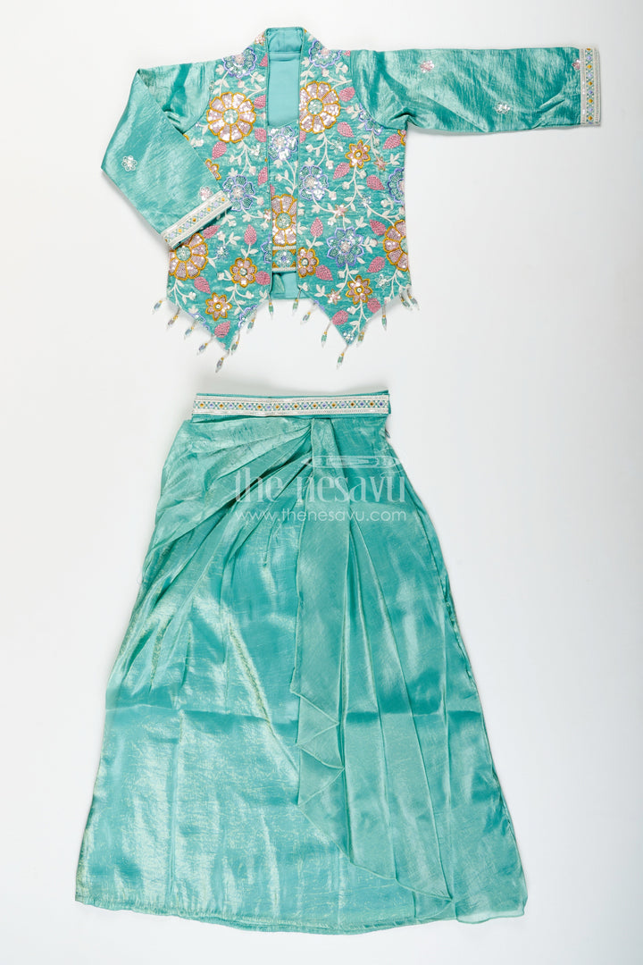 Girls green organza lehenga choli with designer embroidered yoke for festive occasions