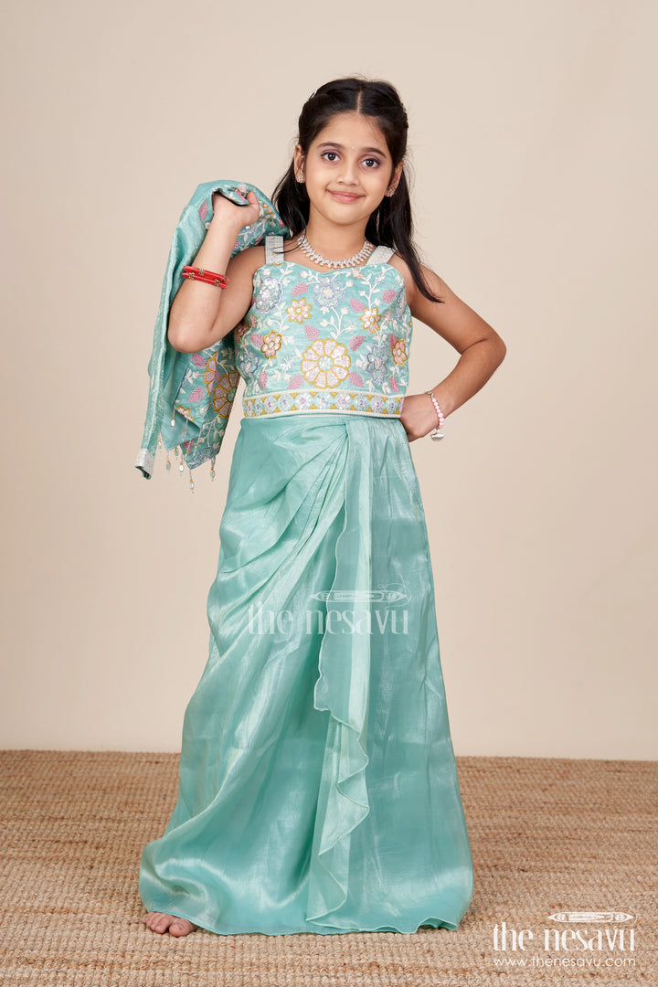 Girls Green Organza Lehenga Choli with Designer Embroidered Yoke for Festive Occasions