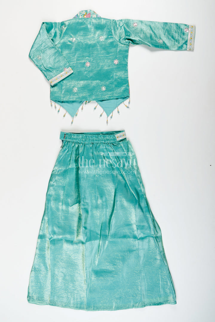 Girls green organza lehenga choli with designer embroidered yoke for festive occasions
