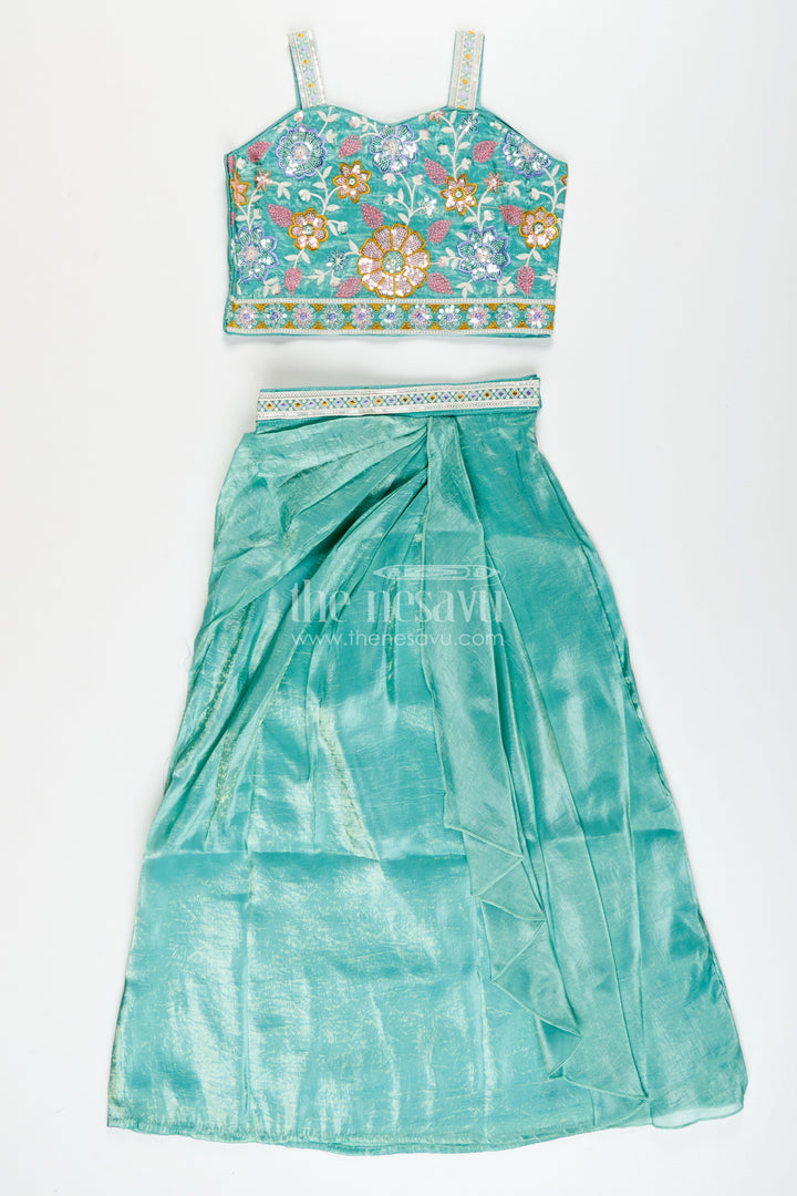 Girls green organza lehenga choli with designer embroidered yoke for festive occasions