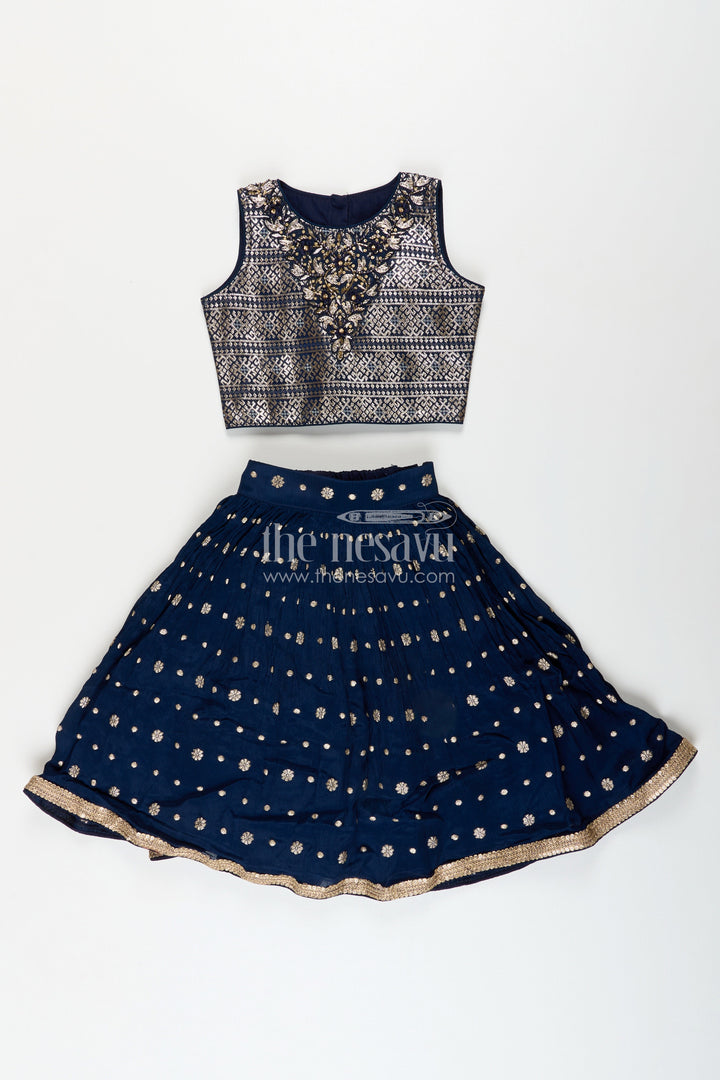 Girls navy blue georgette lehenga choli with embroidered yoke for weddings