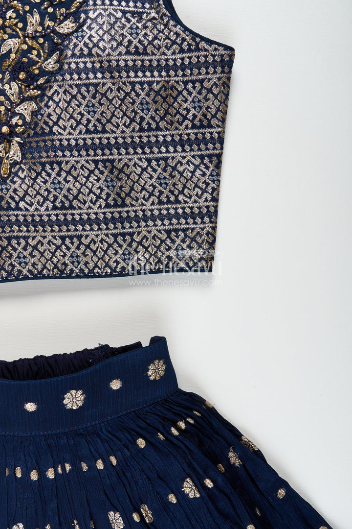 Girls navy blue georgette lehenga choli with embroidered yoke for weddings