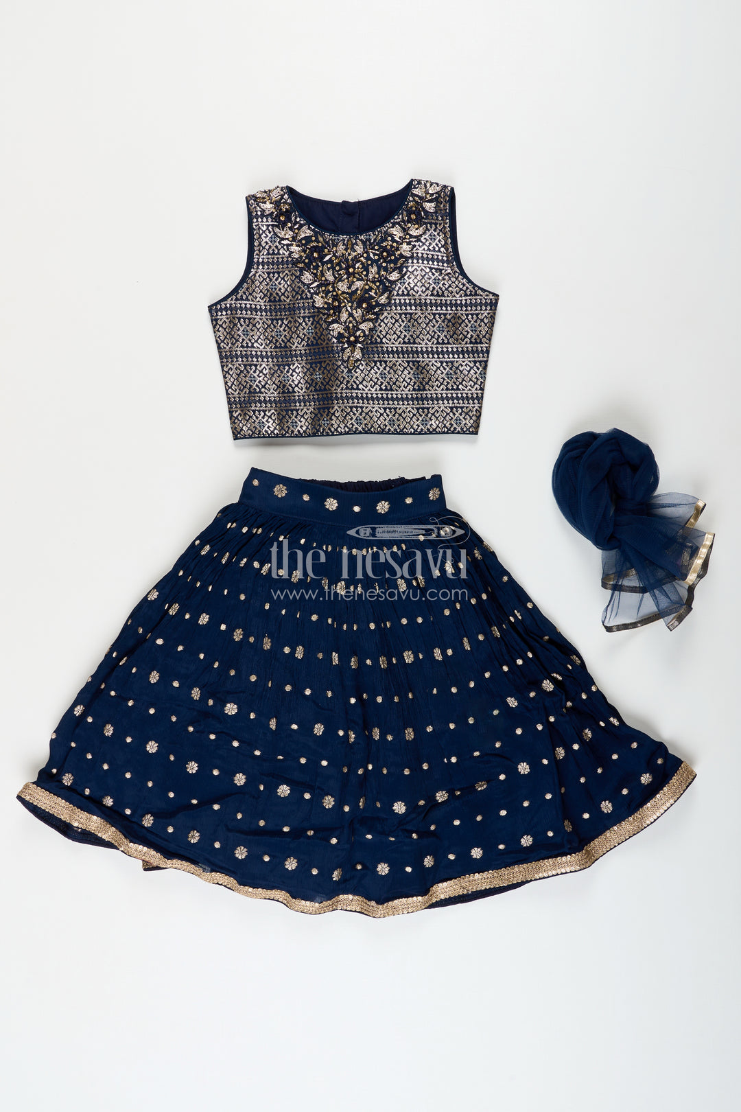 Girls navy blue georgette lehenga choli with embroidered yoke for weddings