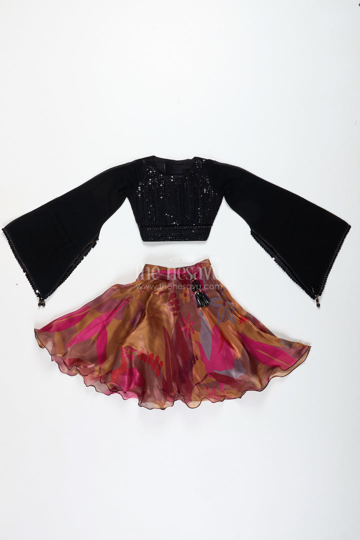 Girls Lehenga Choli With Digital Print Skirt And Sequin Black Blouse Festive Indo-Western Outfit