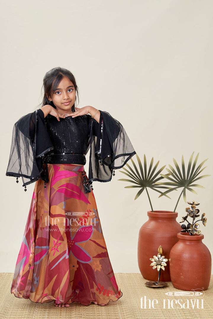 Girls Lehenga Choli With Digital Print Skirt And Sequin Black Blouse Festive Indo-Western Outfit