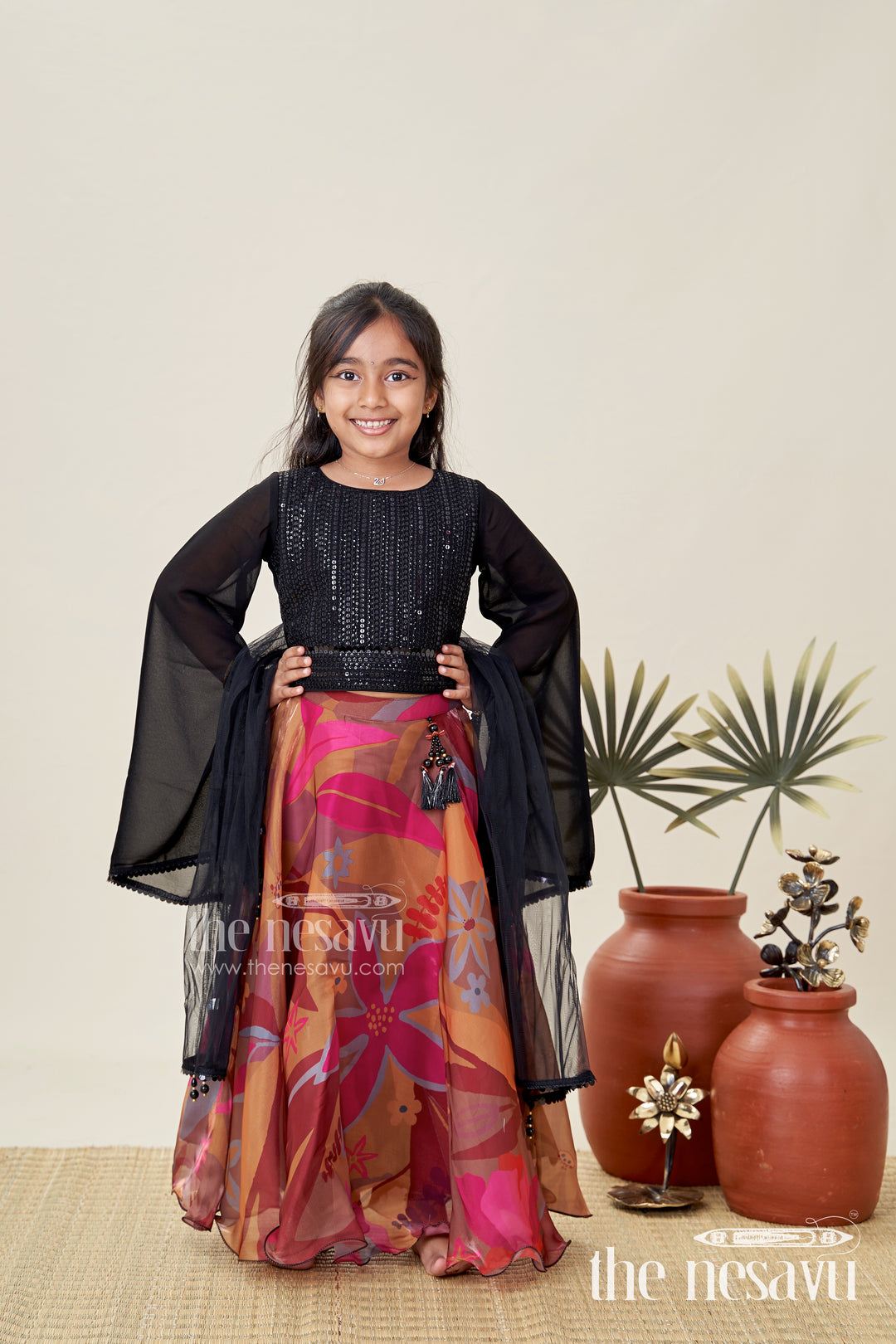 Girls Lehenga Choli With Digital Print Skirt And Sequin Black Blouse Festive Indo-Western Outfit