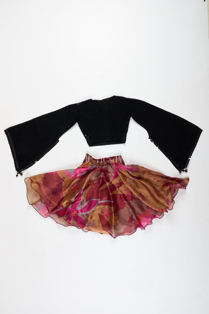 Girls Lehenga Choli With Digital Print Skirt And Sequin Black Blouse Festive Indo-Western Outfit