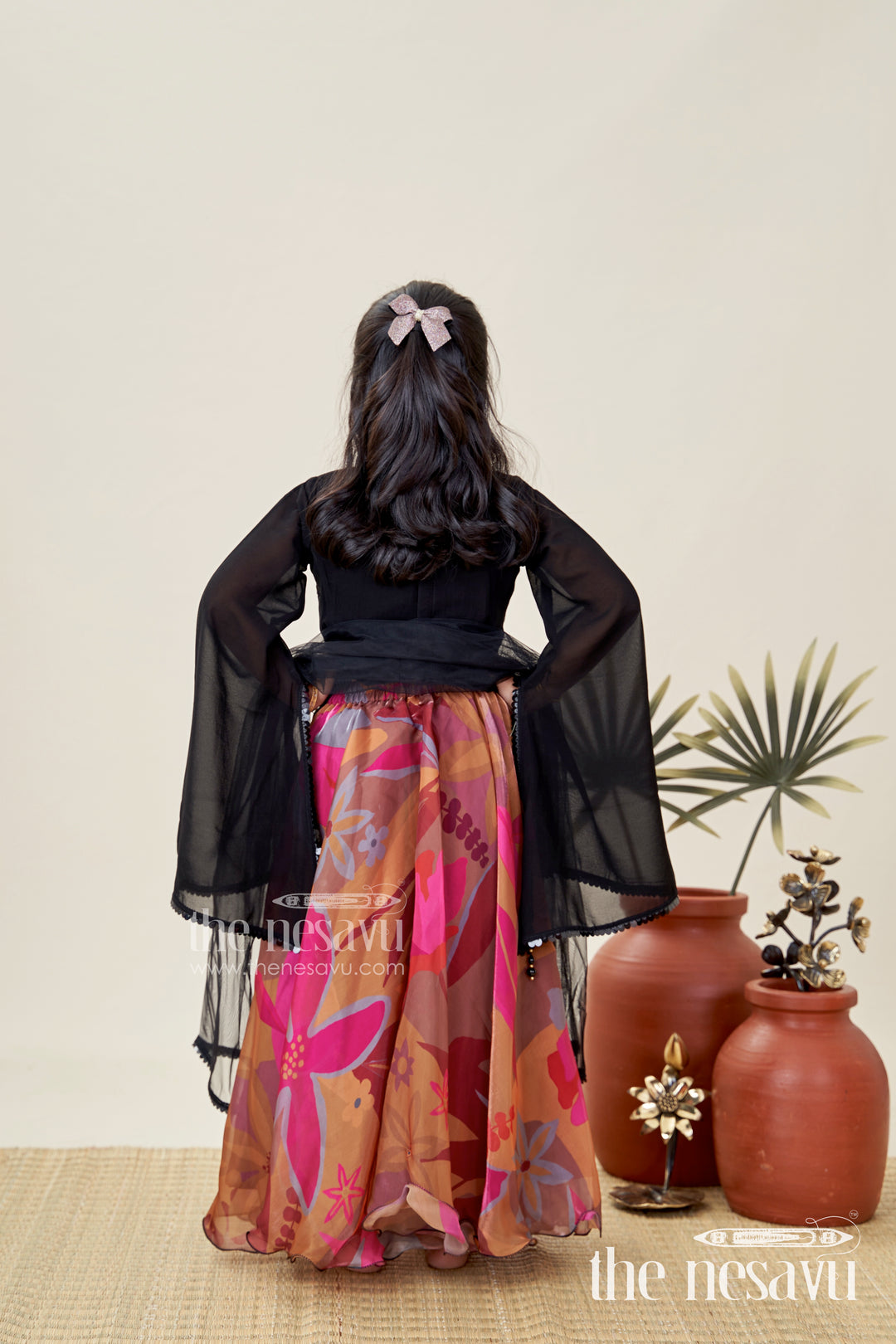 Girls Lehenga Choli With Digital Print Skirt And Sequin Black Blouse Festive Indo-Western Outfit
