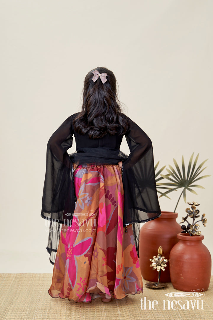 Girls Lehenga Choli With Digital Print Skirt And Sequin Black Blouse Festive Indo-Western Outfit