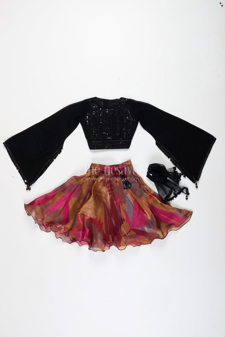 Girls Lehenga Choli With Digital Print Skirt And Sequin Black Blouse Festive Indo-Western Outfit