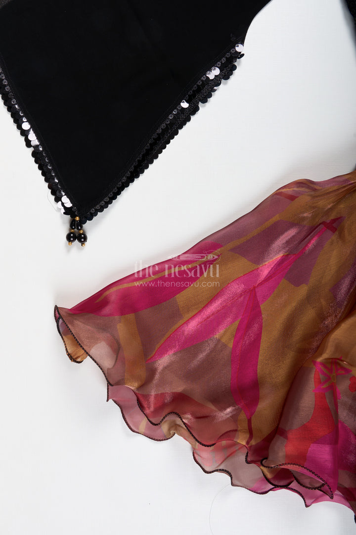 Girls Lehenga Choli With Digital Print Skirt And Sequin Black Blouse Festive Indo-Western Outfit