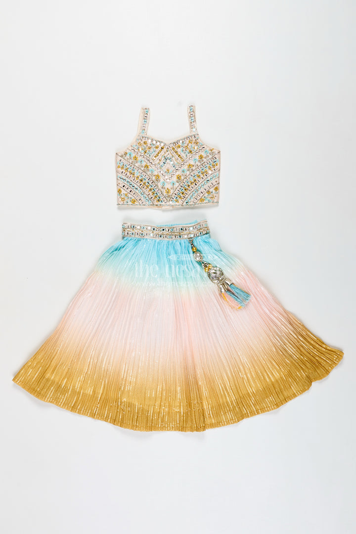 Girls Pastel Ombre Lehenga Choli Set With Mirror-Embroidered Blouse