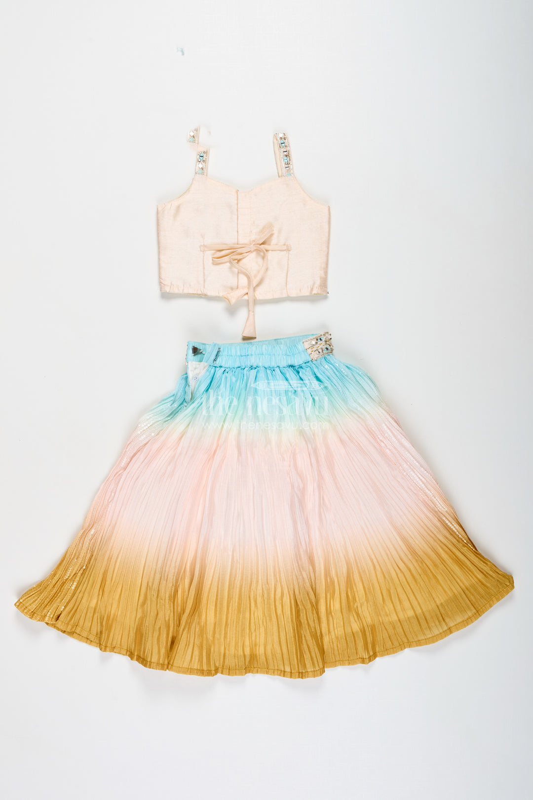 Girls Pastel Ombre Lehenga Choli Set With Mirror-Embroidered Blouse