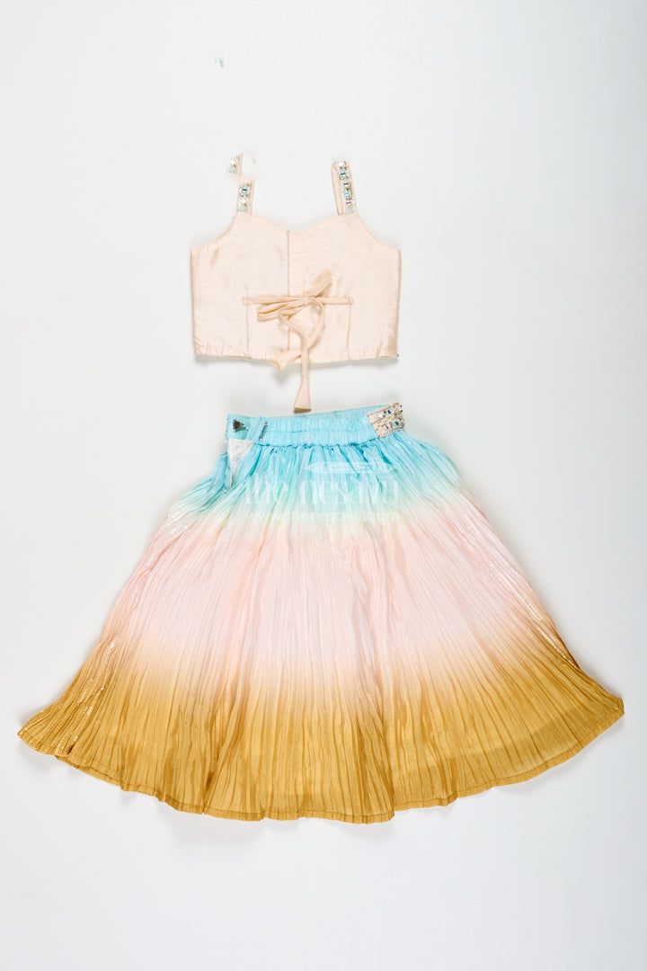 Girls Pastel Ombre Lehenga Choli Set With Mirror-Embroidered Blouse