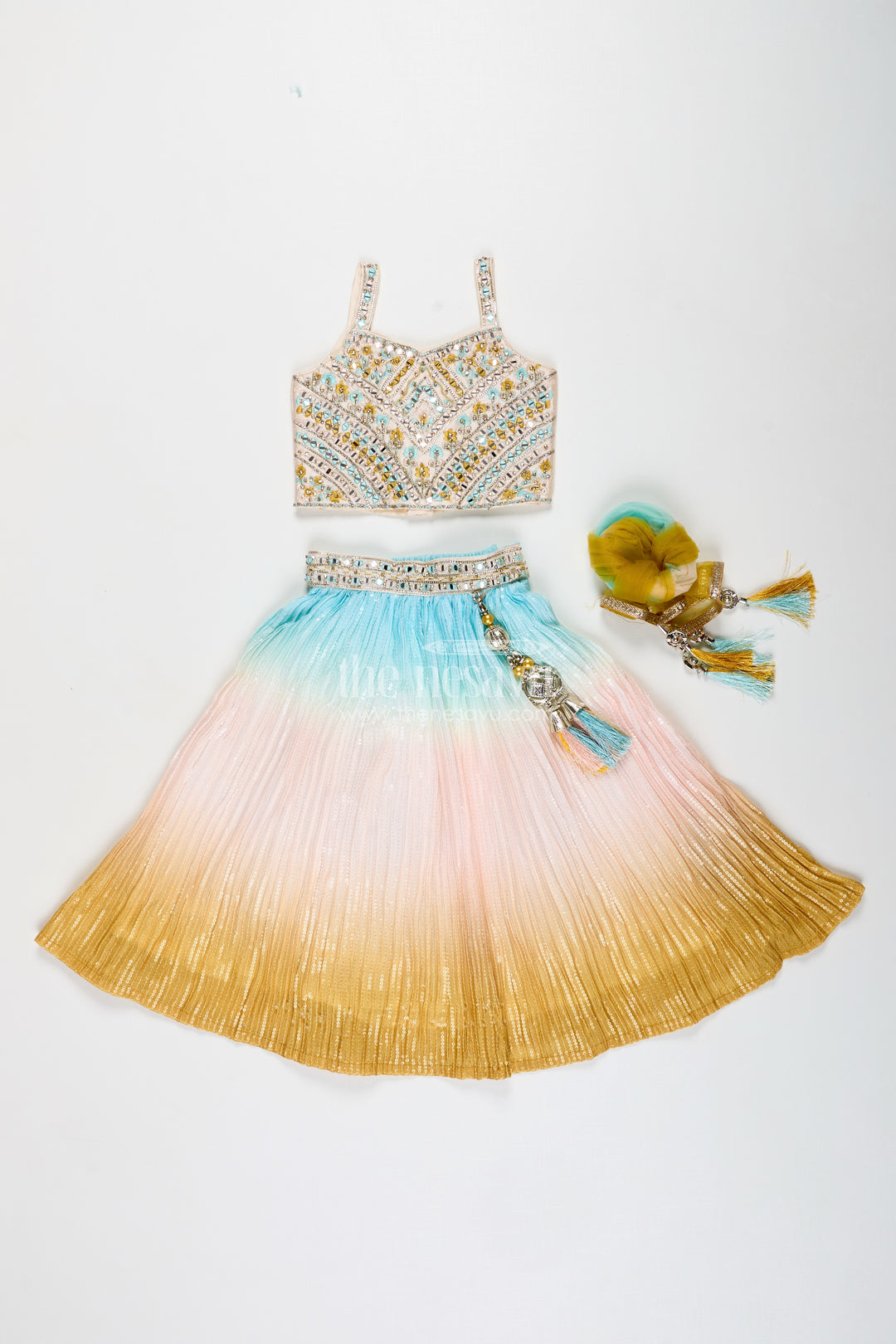 Girls Pastel Ombre Lehenga Choli Set With Mirror-Embroidered Blouse