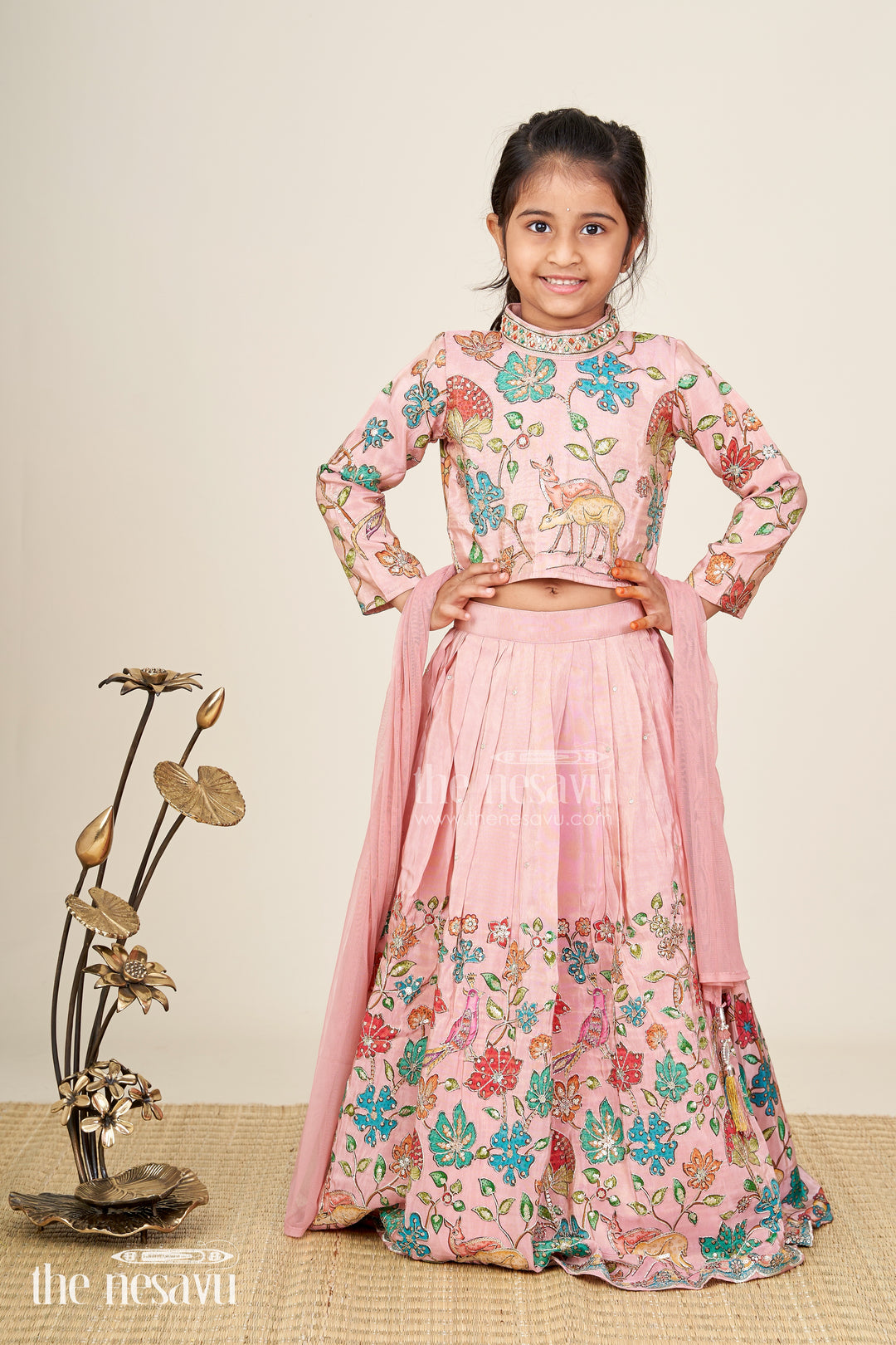 Floral tissue silk lehenga choli for girls with full-sleeve top