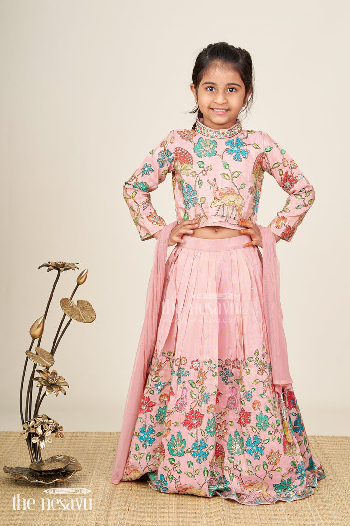Floral tissue silk lehenga choli for girls with full-sleeve top