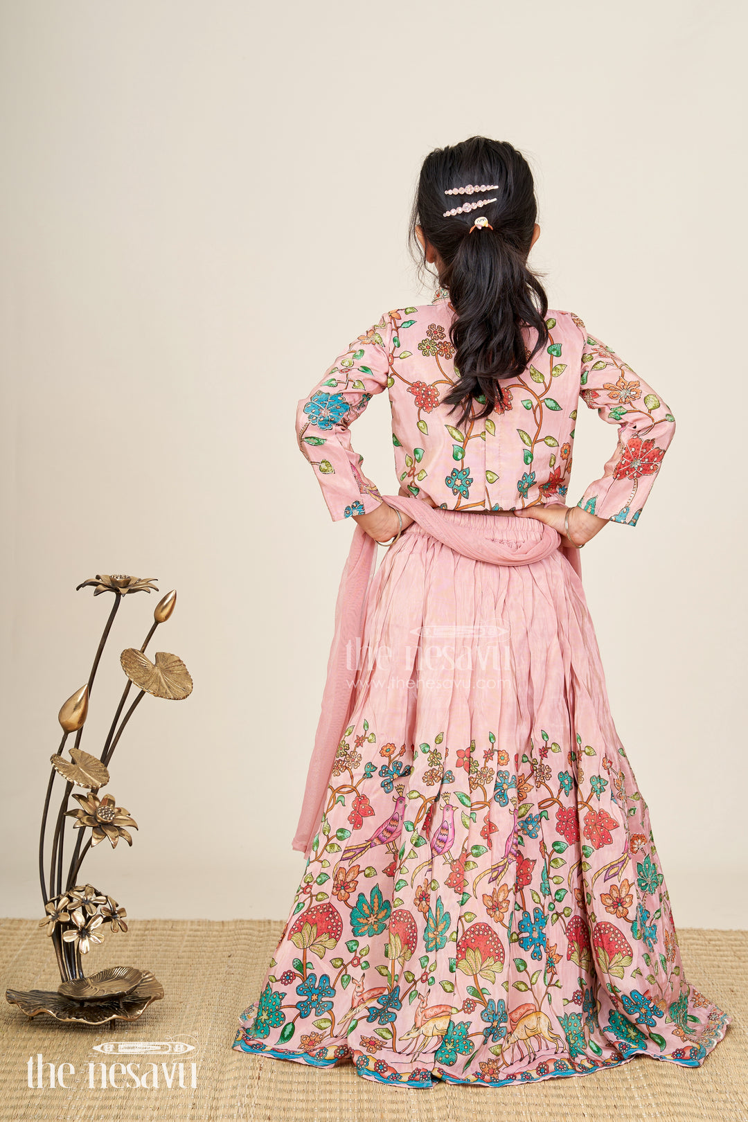 Floral tissue silk lehenga choli for girls with full-sleeve top