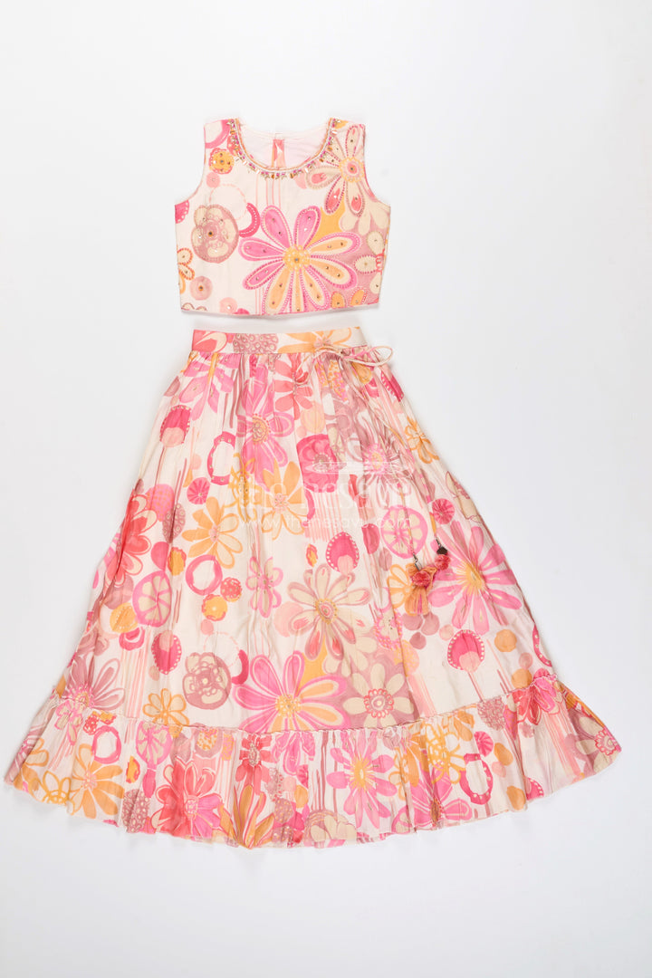 Girls lehenga choli set with floral print for birthdays and festive events