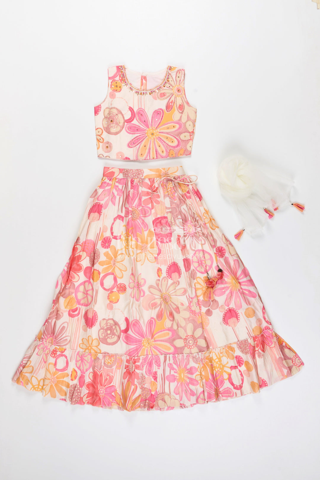 Girls lehenga choli set with floral print for birthdays and festive events