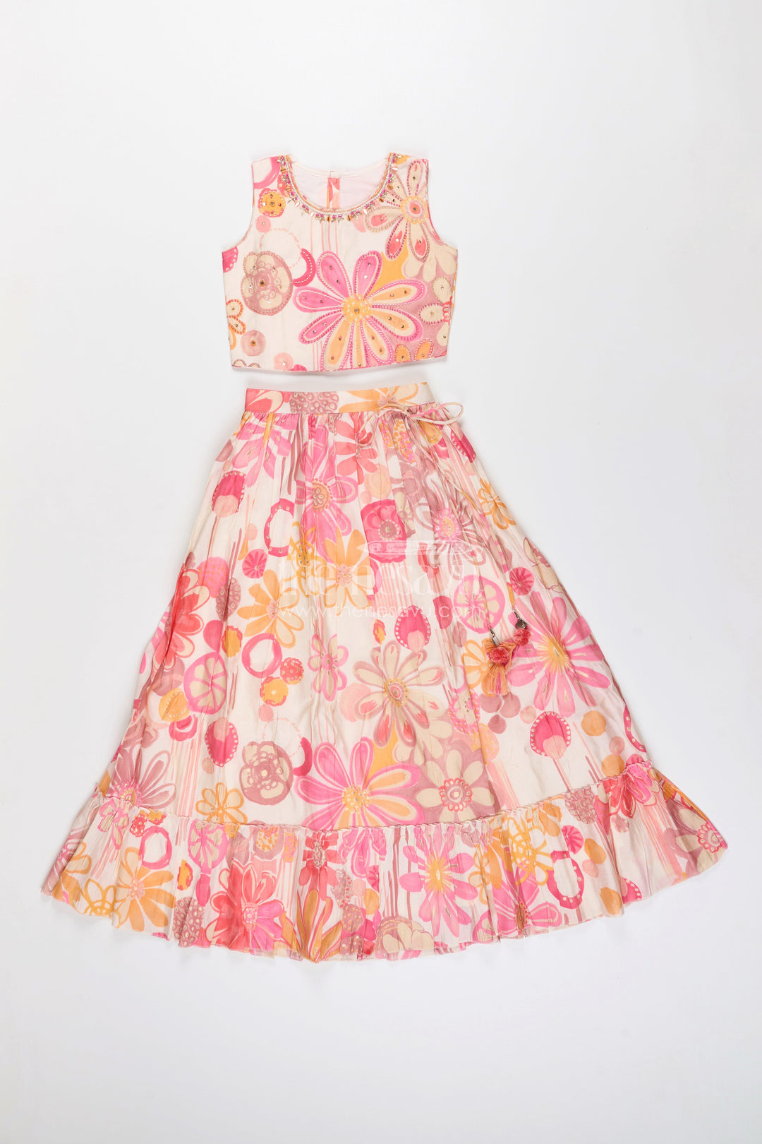 Girls lehenga choli set with floral print for birthdays and festive events