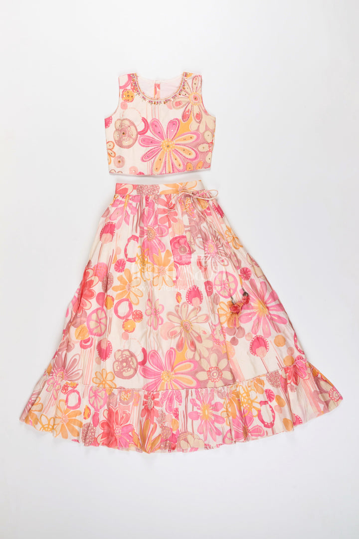 Girls lehenga choli set with floral print for birthdays and festive events