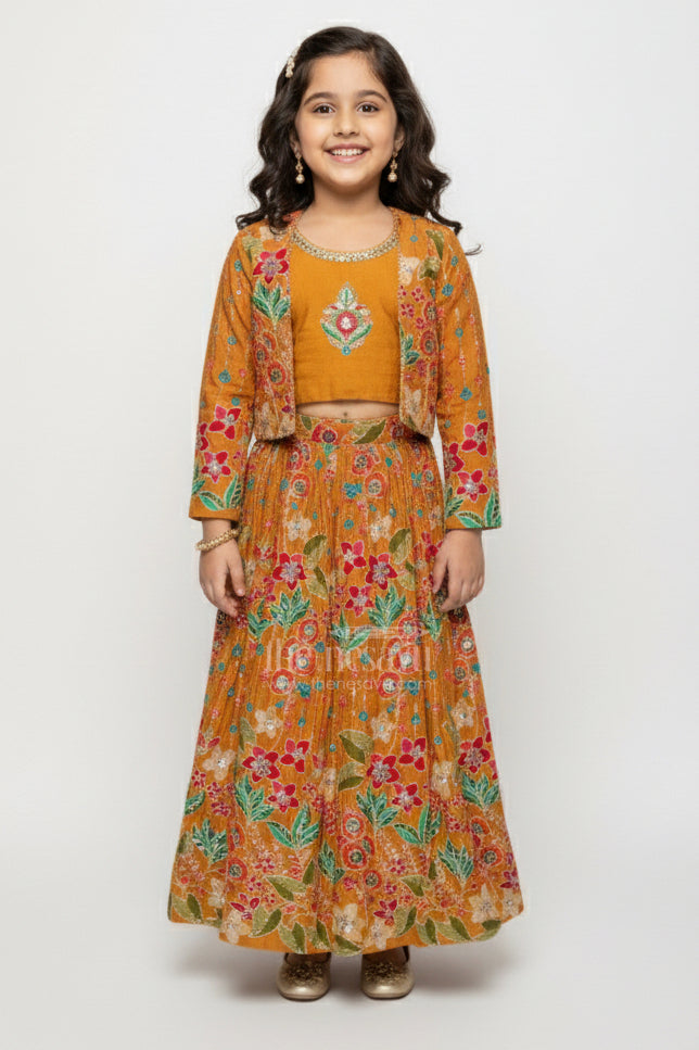 Girls Lehenga Set with Embroidered Blouse and Digital Print Skirt
