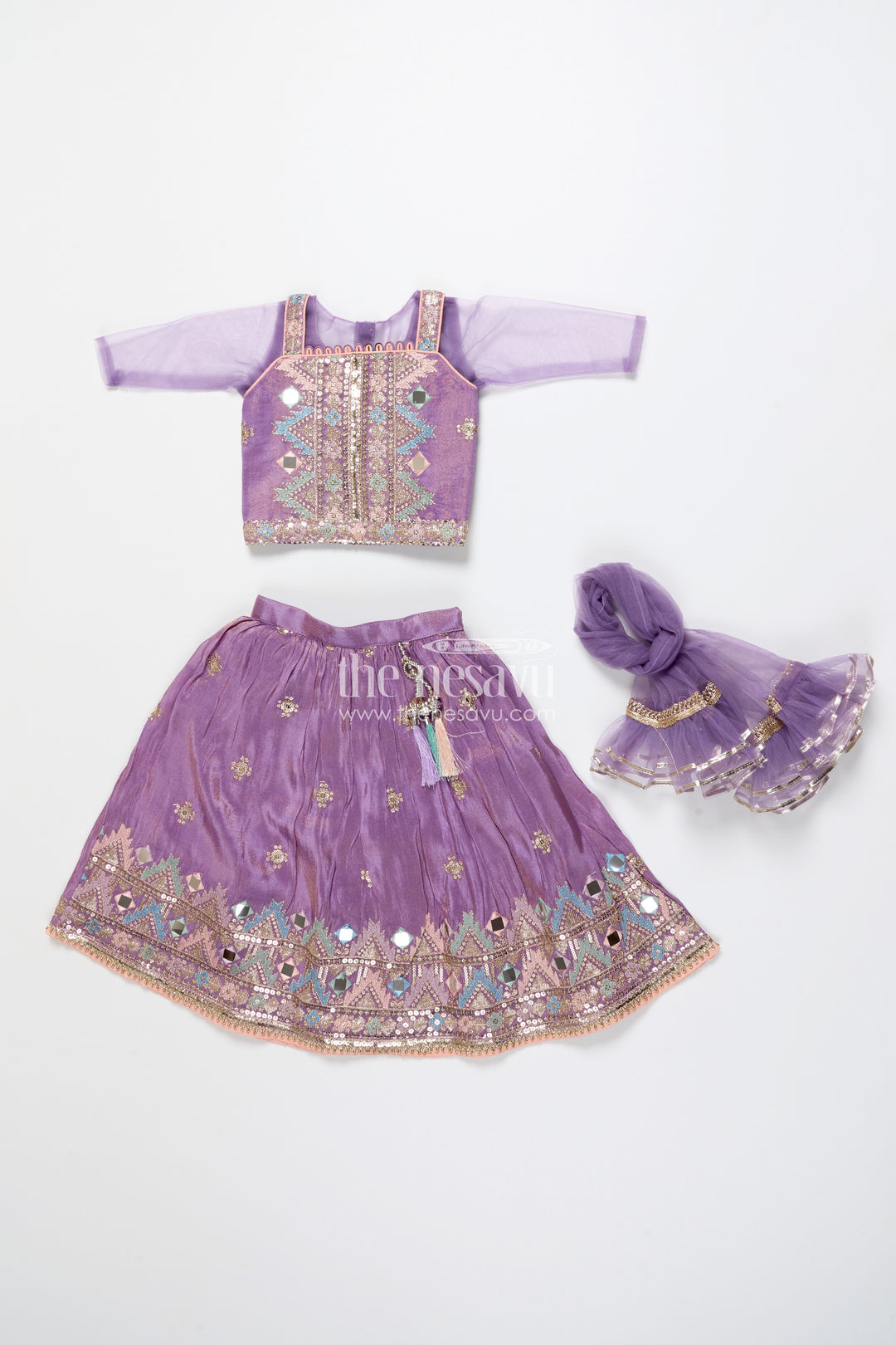 Girls Festive Lehenga Choli with Mirror Work and Designer Yoke