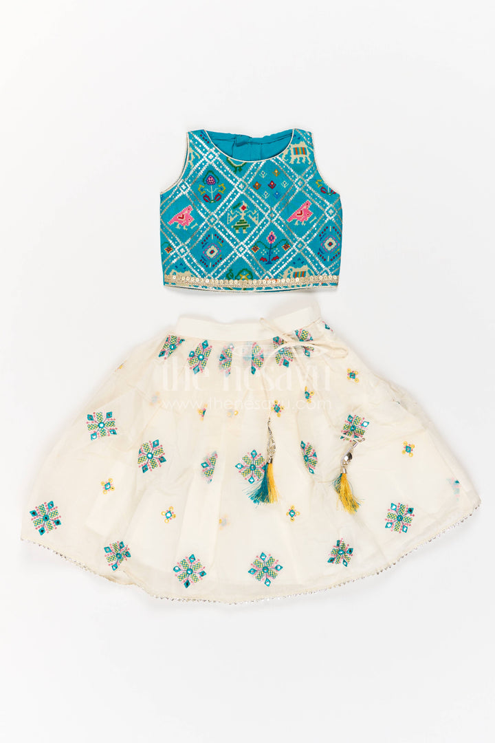 Girls Lehenga Choli in Turquoise with Thread Embroidery