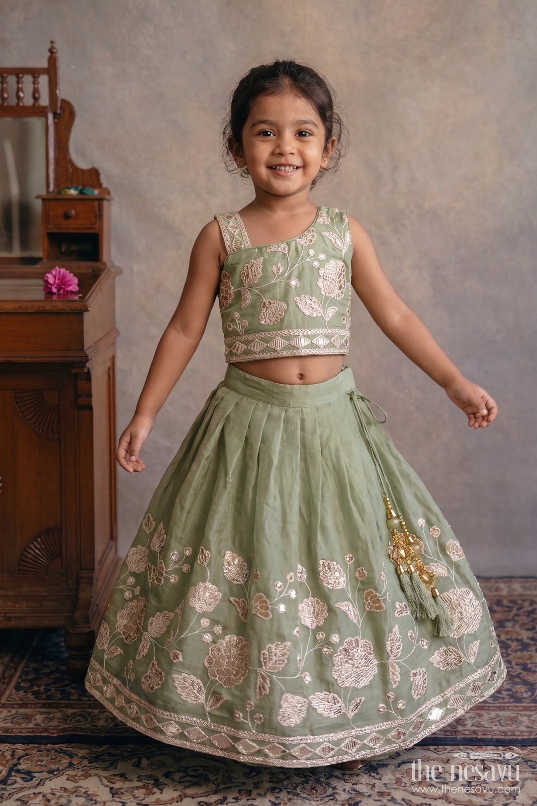 Kids Chaniya Choli in Green for Celebrations and Photos