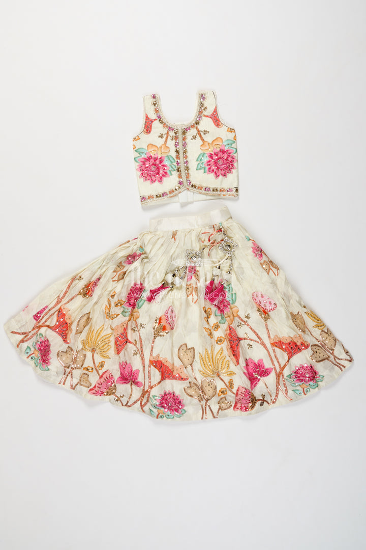 Girls Viscose Blend Silk Lehenga Choli in Ivory with Pink Bloom