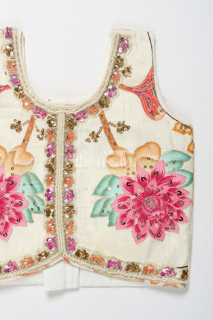Girls Viscose Blend Silk Lehenga Choli in Ivory with Pink Bloom
