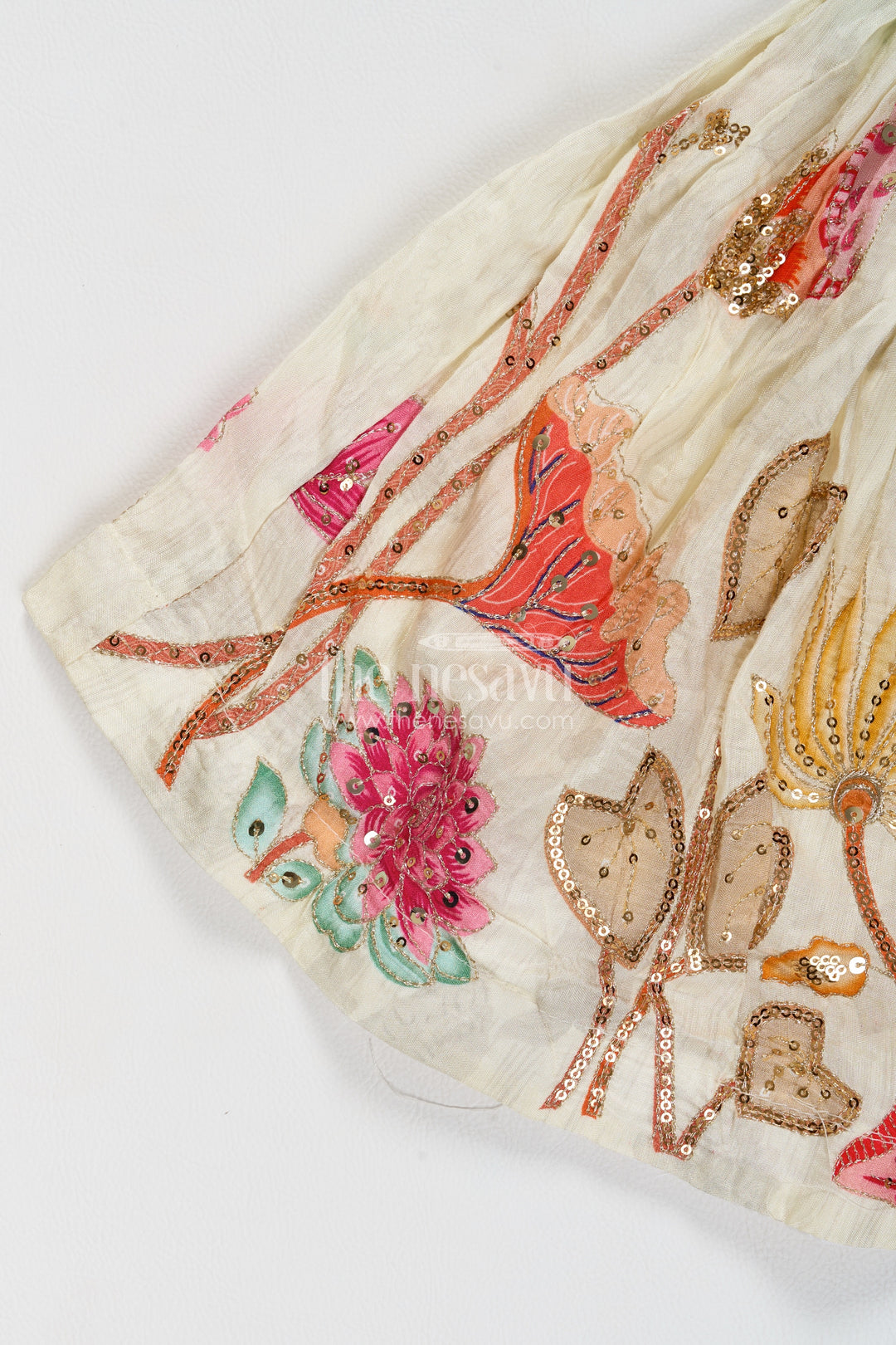Girls Viscose Blend Silk Lehenga Choli in Ivory with Pink Bloom