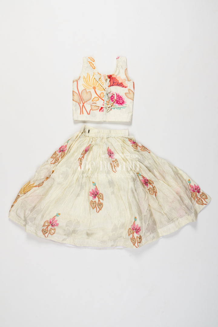 Girls Viscose Blend Silk Lehenga Choli in Ivory with Pink Bloom